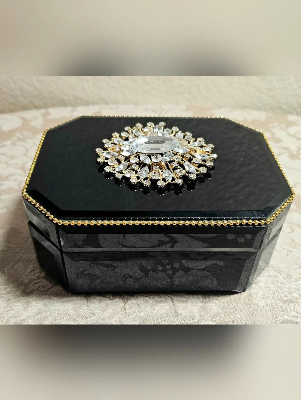 Vintage Black Mirrored Jewelry Trinket Box Beaded Gold Trim Rhinestone Cluster